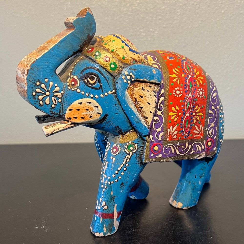 INDIAN FOLK ART Hand Carved Wooden Hand Painted Trunk Up Blessing Elephant